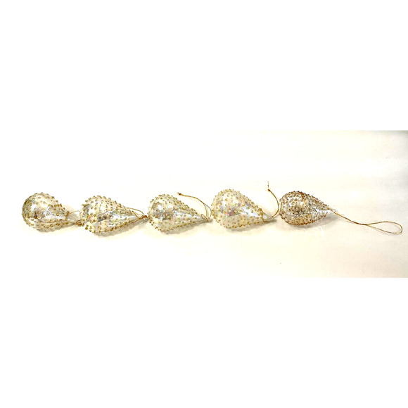 Lot of 5 Vintage Teardrop Glass Push Pin Ornaments w/ Trim Beads – 2" Holiday - Picture 3 of 8